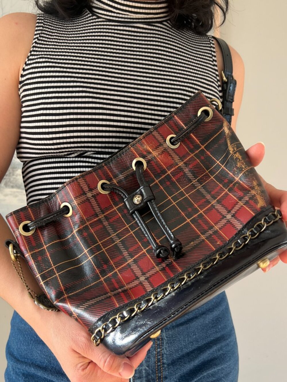 Patricia‎ Nash Red Black Tartan Plaid Civetta Bucket Crossbody Shoulder Bag - Picture 10 of 13